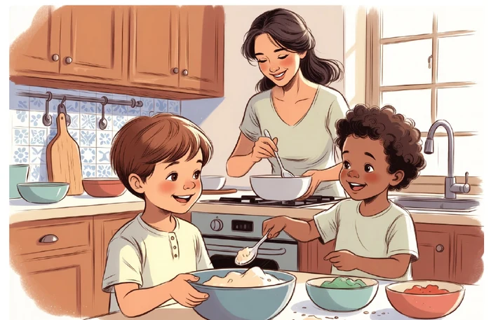 Mãe cozinhando com dois filhos na cozinha, atividade sem telas